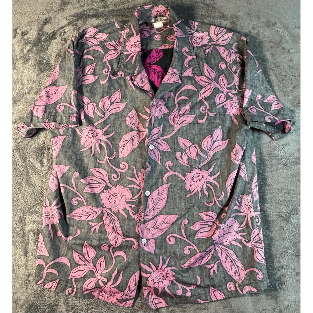 Koko Head Shirt Mens Large Gray Pink Floral Cotton Short Sleeve Button Up Hawaii